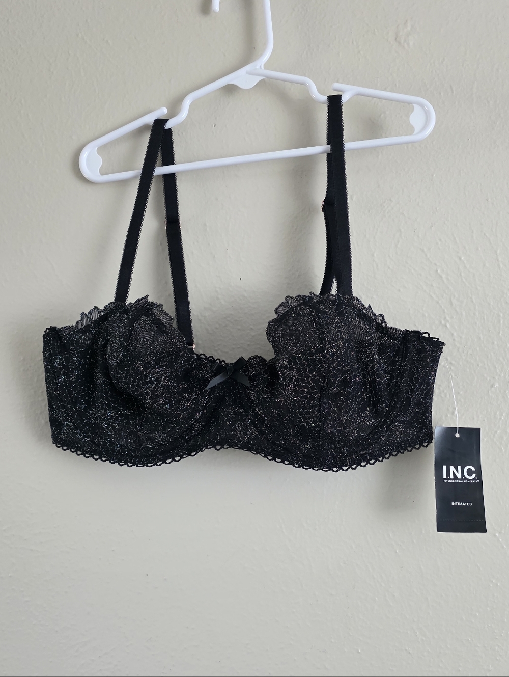 INC International Concepts Black Lace Balconette Underwire Bra with Glitter